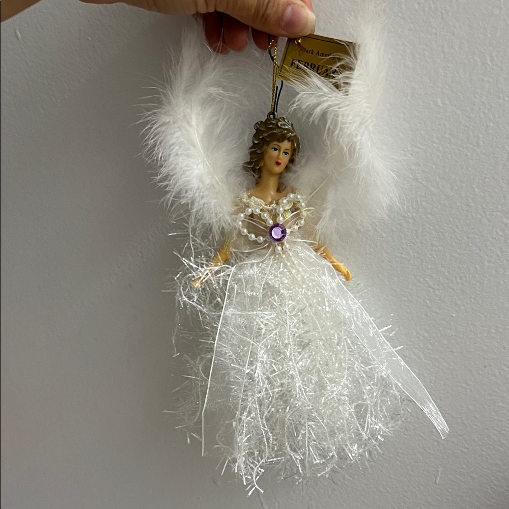 White Angel February Ornament with Feathery Details